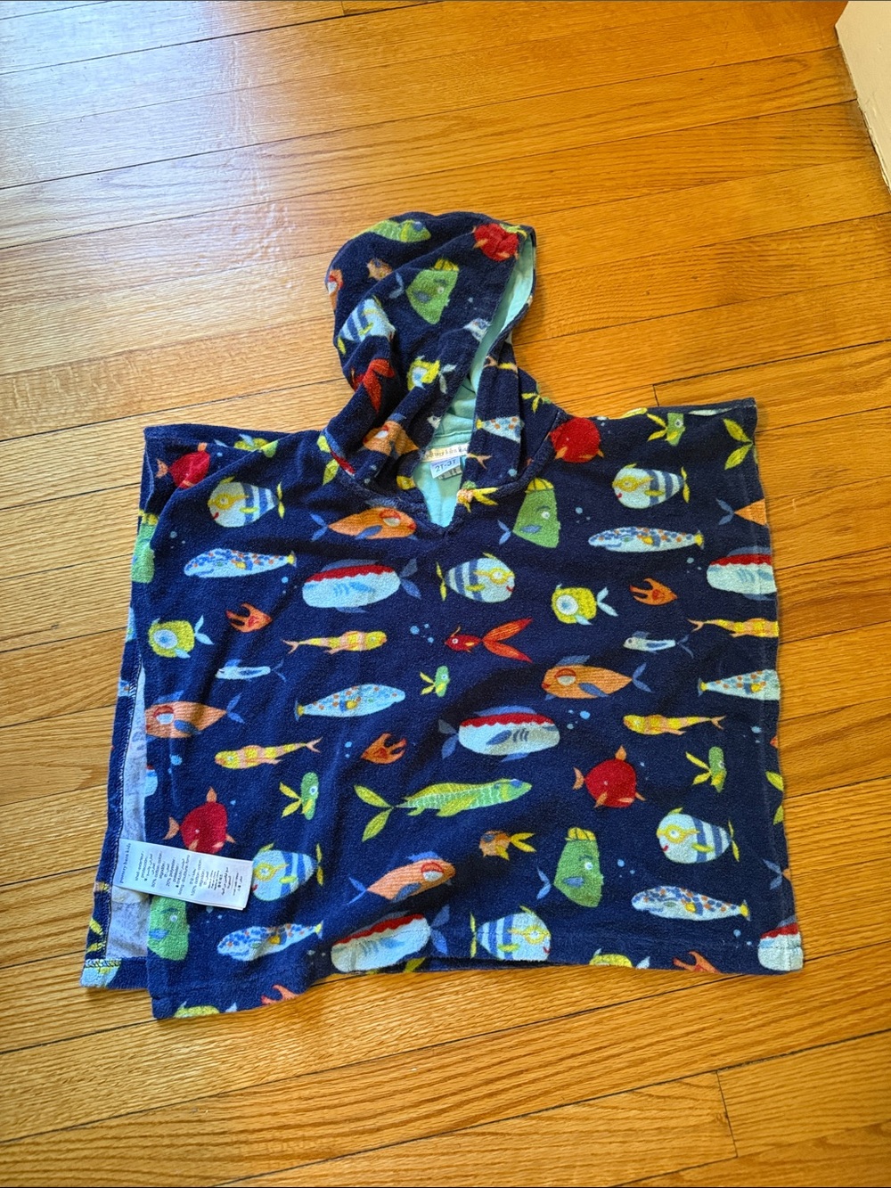 Pottery Barn Kids Navy Hooded Towel with Aqua Lining and Multicolored Fish